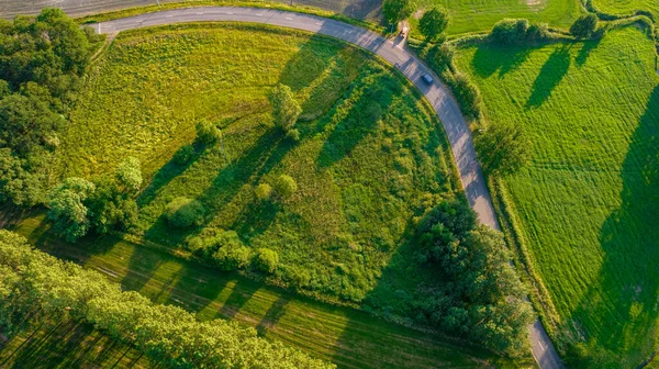 Baharda gün batımında güzel yeşil ormandaki yol manzarası. Renkli bir manzara, yolda araba, yazın ağaçlar. Avrupa 'daki otobanın insansız hava aracı manzarası. Yukarıdan bak. Seyahat