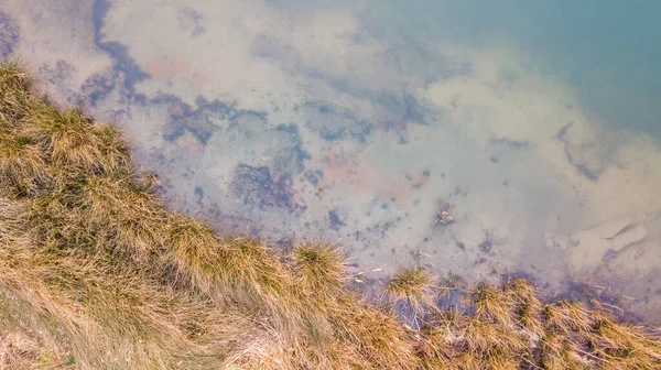 Vue aérienne d'un endroit pittoresque où l'eau turquoise transparente d'un lac forestier rencontre un rivage pierreux avec des arbres au printemps. capturé avec un drone — Photo