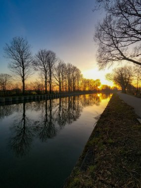 Baharda nehrin üzerinde güzel bir gün batımının manzarası mavi ve altın gökyüzünün arka planında, suyun üzerinde güneş ve ön planda çıplak ağaçların siluetleri.. 