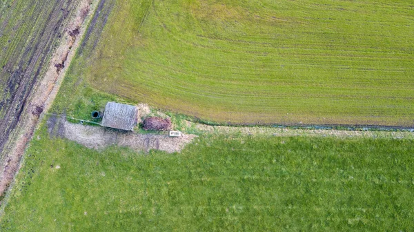 Widok z lotu ptaka geometryczne pola uprawne, przedstawiające zieloną łąkę i pola orane, schwytane dronem — Zdjęcie stockowe