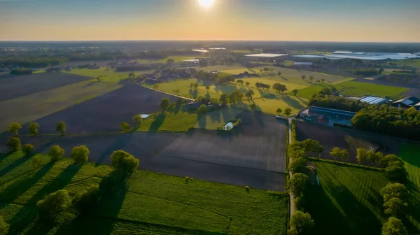 Luchtfoto met een drone van een lente golvend agrarisch landschap met geploegde en onbewerkte velden en bomen in de blauwe avondlucht — Stockfoto