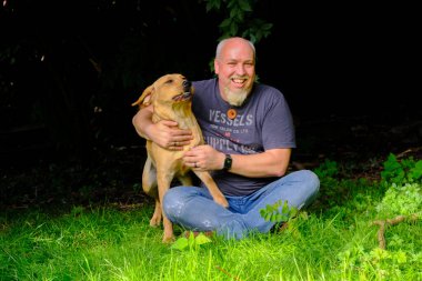 Yakışıklı Adam Arka Bahçe Bahçesinde Mutlu Altın Labrador Köpeği ile oynuyor. Erkek Sadık Pedigree Köpeğiyle Eğlendi Yazlık Ev Bahçesi 'nde.