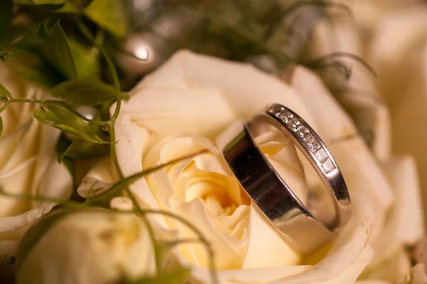 Fechar vista sobre flores brancas rosa com anéis de casamento em cores quentes e um cenário romântico — Fotografia de Stock