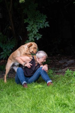 Yakışıklı kadın arka bahçede Mutlu Altın Labrador Köpeği 'yle oynuyor. 