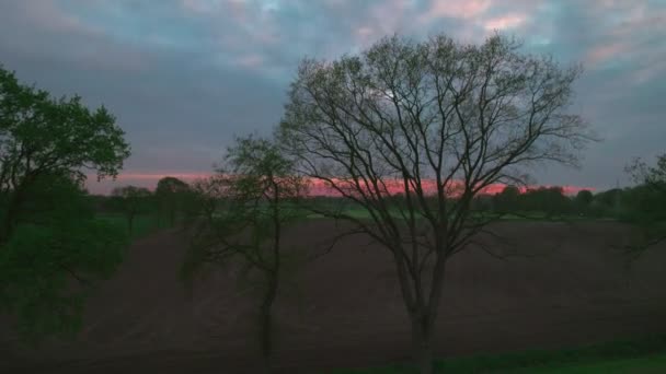Wieś dramatyczny i kolorowy lot o zachodzie słońca nad jeziorem leśnym, strzał z powietrza na dronie — Wideo stockowe