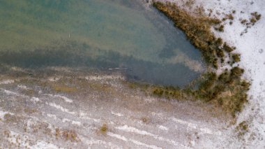 Bir orman gölü kıyısının insansız hava aracı tarafından çekilen hava görüntüsü. Kalın çimenler, suda yansımalar, yamaçta yeşil huş ağaçları. Blakheide 'in Doğası, Beerse, Belçika
