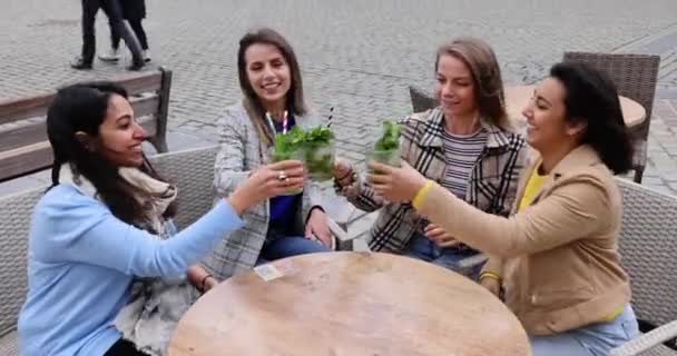 Attraktiva unga kvinnor i blandras festar utanför staden, dricker cocktails och ler och jublar. — Stockvideo