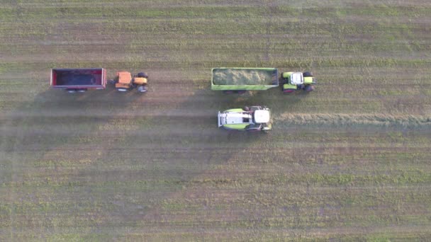 Aereo di pressa trattore fare balle di paglia in campo dopo la raccolta del grano in estate in azienda — Video Stock