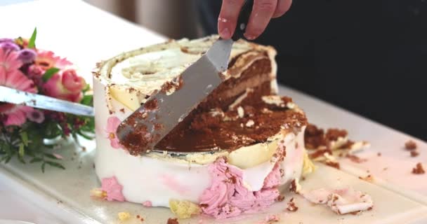 Close-up of a colorful cake cutting with a large knife view from aside. — Stock Video