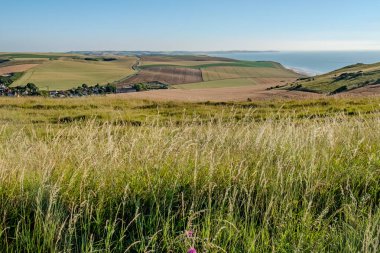 Cap Blanc-Nez, Escalles, Pas-de-Calais, Hauts-de-France, France, July 29th, 2025, Enjoy breathtaking views of colorful fields stretching to the ocean under a clear, brilliant blue sky