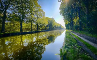 A beautiful and tranquil canal scene features vibrant trees reflecting in the calm waters beneath a bright sunny sky