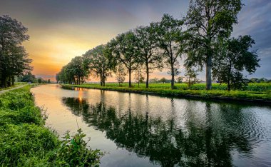 Gün batımında sakin ve huzurlu bir nehir kenarı sahnesi, uzun ağaçlar ve güzel yansıtılmış sular sergileniyor.