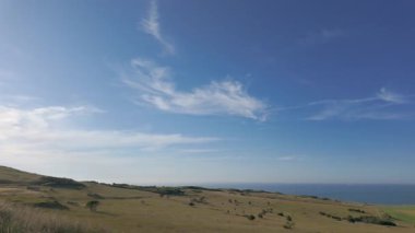 Çimenli tepeler okyanusla buluşuyor, geniş panoramik manzara rüzgarlı çayırlar boyunca dağınık kır çiçekleriyle, berrak