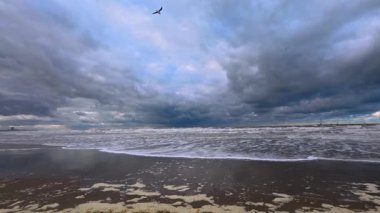 Nieuwpoort, Batı-Vlaanderen, Belçika, 25 Ekim 2025, Bomboş Kum Sahili 'nin Üzerinde Fırtına Şiddetli Bulutlar Yuvarlanan Çalkantılı Dalgalar ve Deniz Köpüğü, Tek Başına