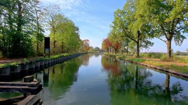 Rijkevorsel, Antwerpse Kempen, Belçika, Tranquil nehir manzarası, açık gökyüzünün altındaki huzurlu su yolu, parlak mavi gökyüzünün altındaki ahşap rıhtımlı sakin nehir kıyısı.