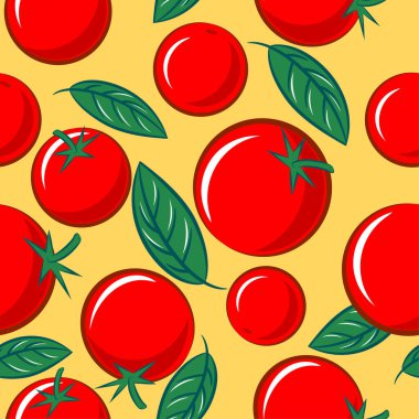 Sebzeler dikişsiz deseni karıştırır. Fesleğen yapraklı olgun domatesler. Özgün düz resimleme. 