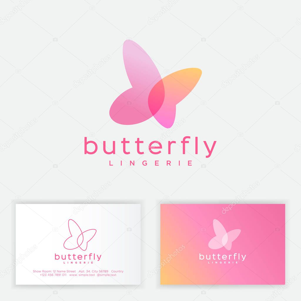 Butterfly logo consist of transparent elements. Emblem can use for jewelry, beauty or spa salon, lingerie and nail care. Business card.