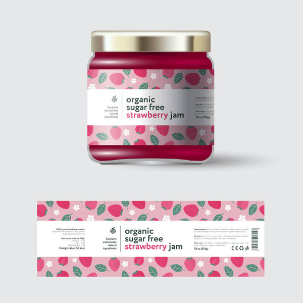 Strawberry Jam label and packaging. Jar with cap with label. White strip with text and on seamless pattern with berries, flowers and leaves.