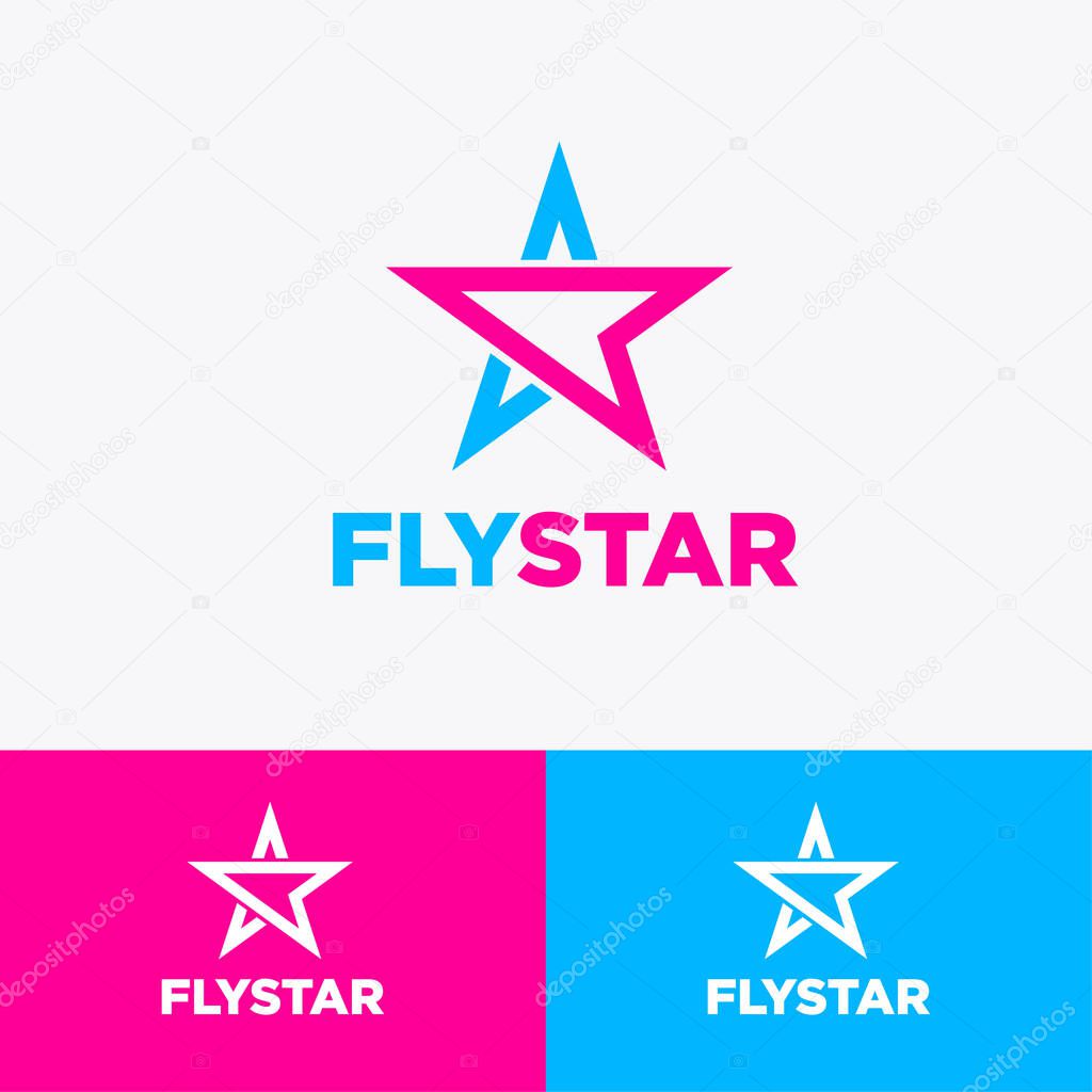 Fly Star logo. Star and paper plane logo. Logo can used for small aviation, aircraft, sport, bank, payment system, instant lending, tourism.