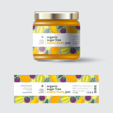 Mango, Star Fruit (Carambola) ve mangosteen egzotik meyve reçeli etiketi ve ambalajlama. Etiketli kavanoz. Beyaz şeritli metin ve kusursuz desenli meyveler, çiçekler ve yapraklarla.