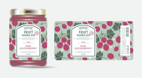 Label Dan Kemasan Sari Gooseberry Merah Muda Jar Dengan Label - Stok Vektor