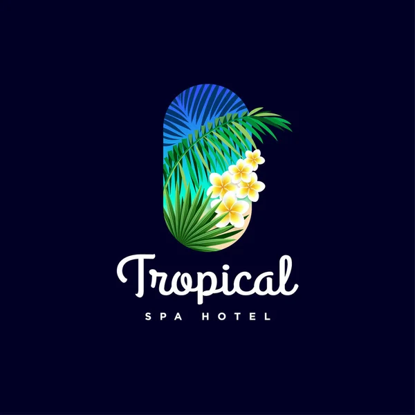 Logo Tropical Emblema Del Hotel Spa Hojas Palma Flores Tropicales — Archivo Imágenes Vectoriales