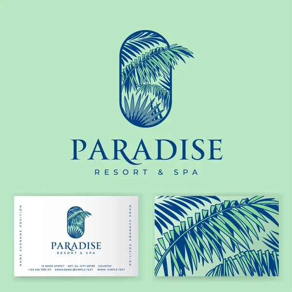 Logotipo Paradise Estância Termal Tropical Emblema Resort Folhas Palma Armação — Vetor de Stock
