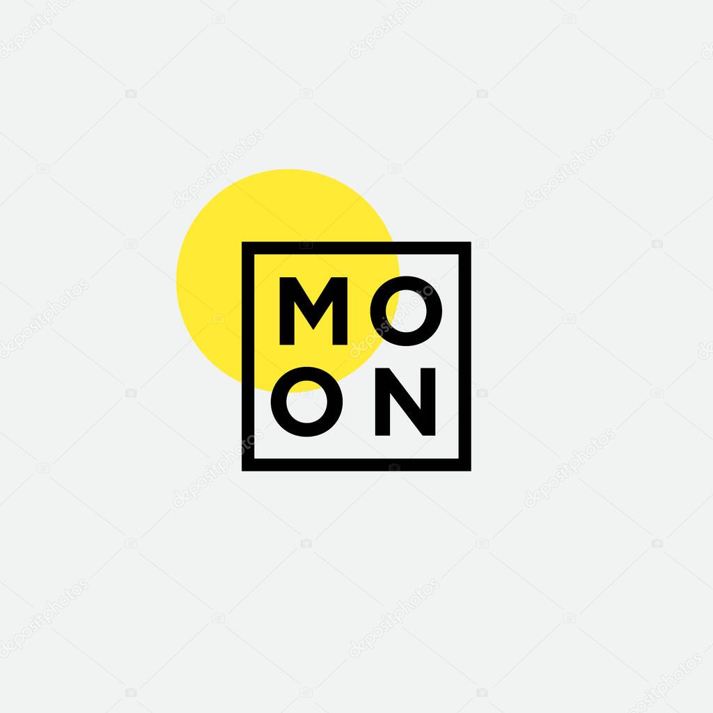 Moon logo. Letters into square frame and yellow circle as moon. Logo for business, beauty, spa and resort, cosmetics, clothes, premium goods.