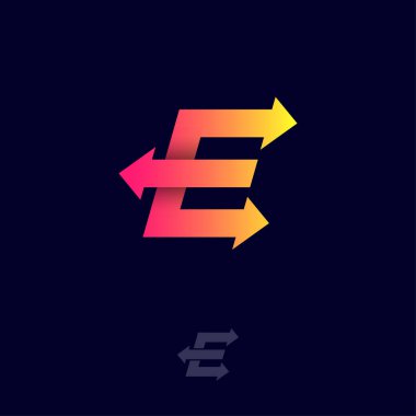 E harfi. Arkaplanda izole edilmiş, oklu E harfleri. Nakliye ve lojistik şirketi, posta ve ulaşım için logo kullanılabilir.