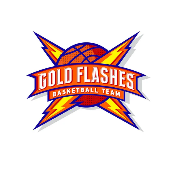 Logo Basketbalového Týmu Gold Flash Basketbal Stuhami Písmeny Záblesky Nebo — Stockový vektor