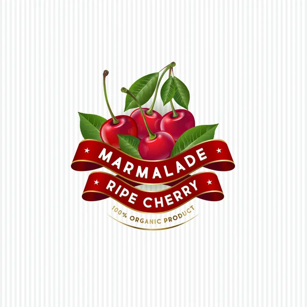 Conception Paquet Pour Marmelade Cerise Étiquette Avec Cerises Mûres Feuilles — Image vectorielle