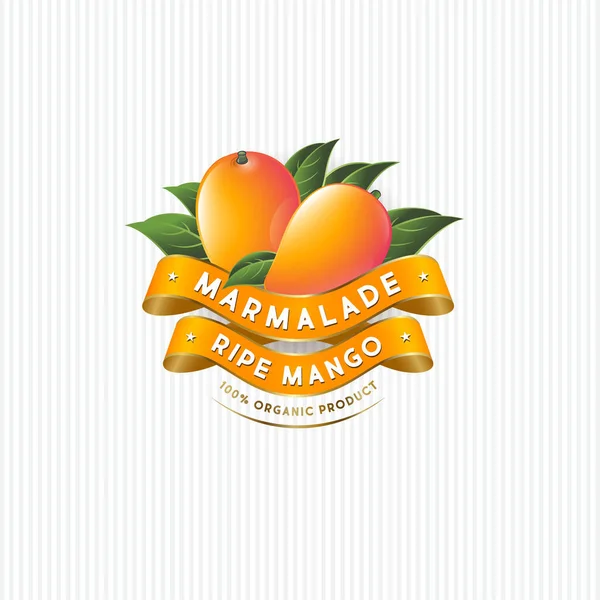 マンゴーマーマレード用パッケージデザイン 熟したマンゴー 葉やシルクリボンとラベル プレミアム製品 — ストックベクタ