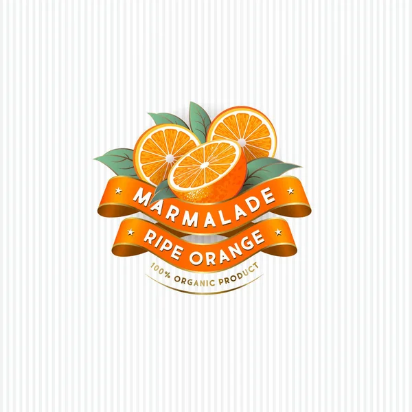 オレンジマーマレード用パッケージデザイン 熟したオレンジ 葉やシルクリボンとラベル プレミアム製品 — ストックベクタ