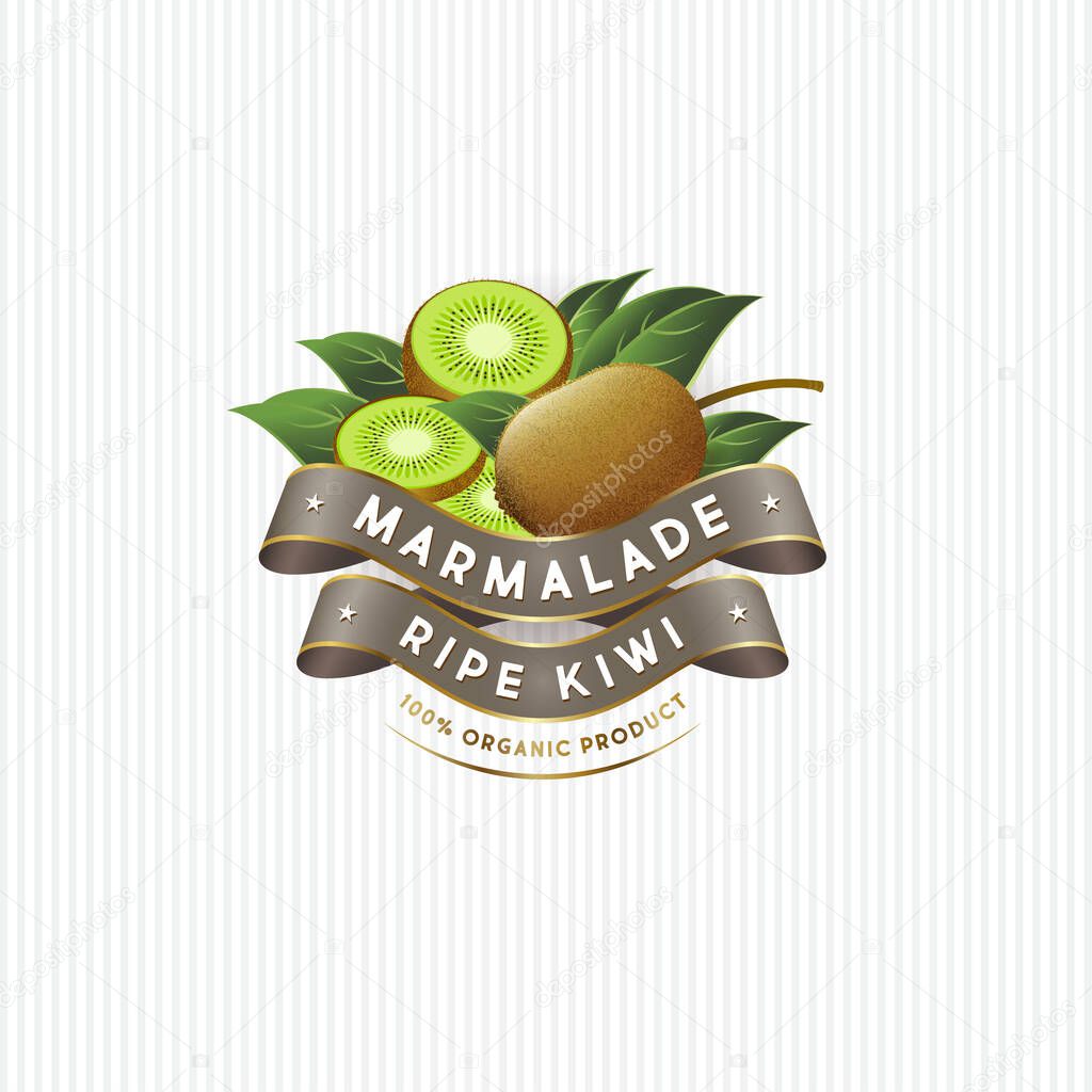 Package design for Kiwi marmalade. Label with ripe kiwi, leaves and silk ribbons. Premium product.