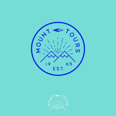 Mount Tours logosu. Pul gibi ekstrem spor simgesi. Buz zirveleri ve gün doğumuyla daire rozeti. 