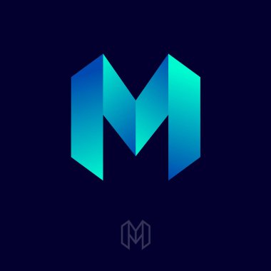 Origami tarzında M harfi. Soyut amblem. M monogramı açık mavi şeritler veya kurdelelerden oluşur. Logo uygulama, web simgesi, iş, internet uygulaması, çevrimiçi mağaza uygulaması için kullanılabilir..