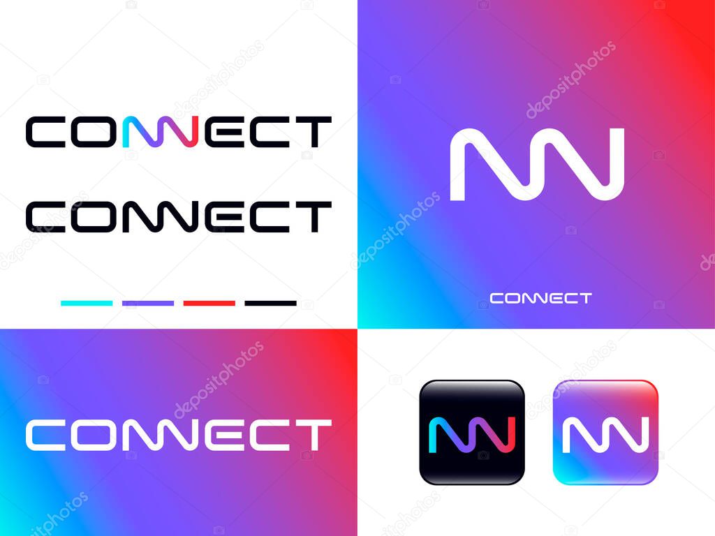 Connect icon. Lettering with letters NN like geometric wave. Brand identity, use of colors and app icon.