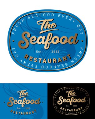 Restoran ya da deniz ürünleri dükkânı için birinci sınıf tabela ya da etiket. Altın harfler ve yuvarlak rozetli büyük karides. Klasik biçim işareti.