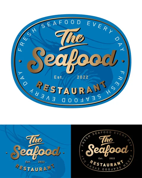 Restoran ya da deniz ürünleri dükkânı için birinci sınıf tabela ya da etiket. Altın harfler ve yuvarlak rozetli büyük karides. Klasik biçim işareti.