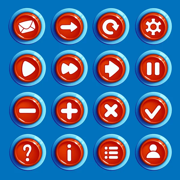 Botones redondos rojos de dibujos animados con iconos web — Archivo Imágenes Vectoriales
