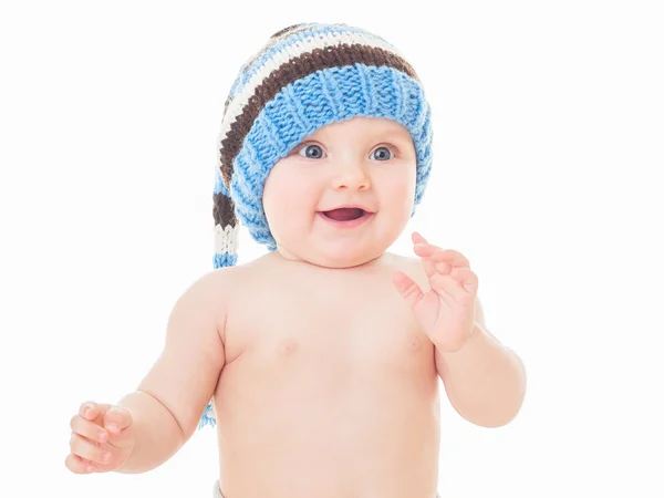 Cheerful baby in the blue hat — Stock Photo, Image