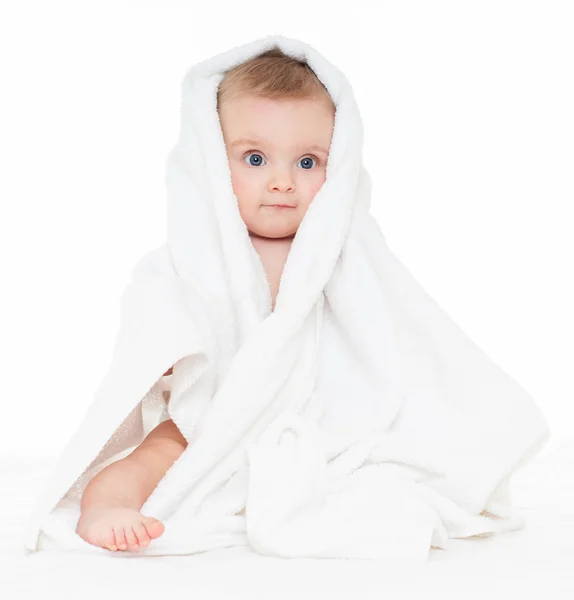 Beautiful baby in a towel after bath Stock Photo