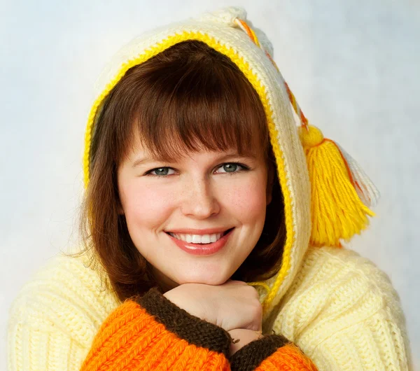 Cheerful woman in warm hoodie — Stock Photo, Image