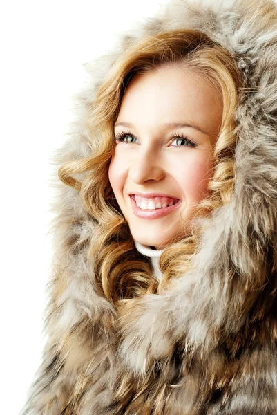 Pretty blond in fur hood — Stock Photo, Image