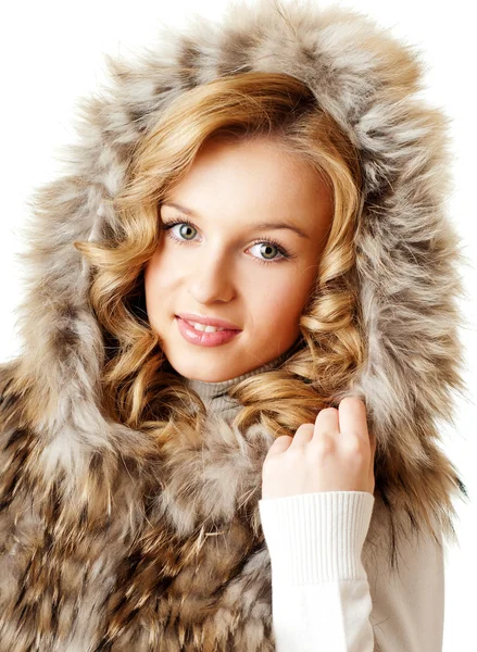 Pretty blond in fur hood — Stock Photo, Image