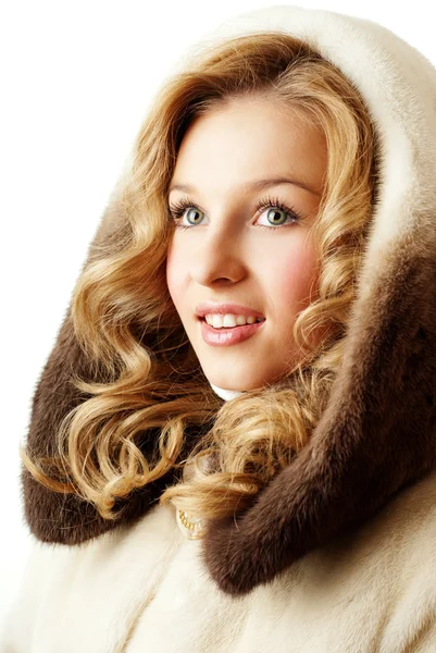 Pretty blond in fur hood — Stock Photo, Image