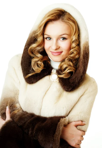 Pretty blond in fur hood — Stock Photo, Image