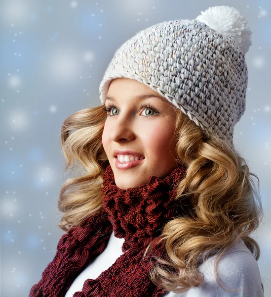 Cheerful woman in warm hat — Stock Photo, Image