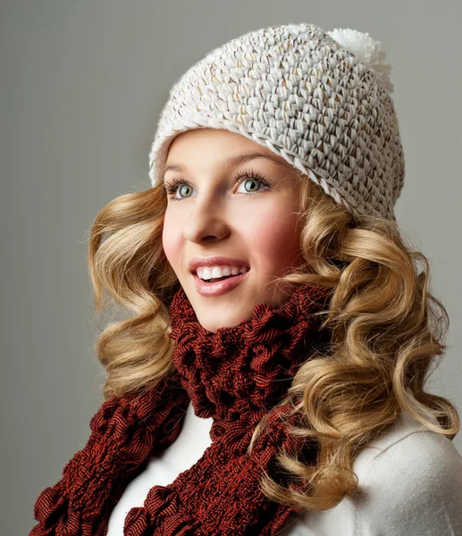 Cheerful woman in warm hat — Stock Photo, Image