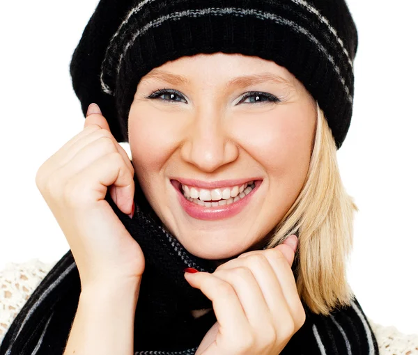 Donna allegra in cappello caldo — Foto Stock